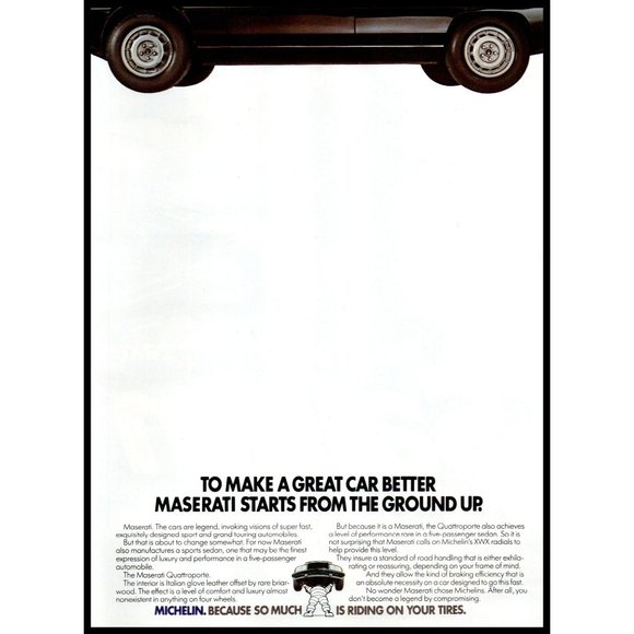 1984 Michelin Tires Vintage Print Ad Mazerati Italian Car Ground Up Wall Art - Picture 1 of 1